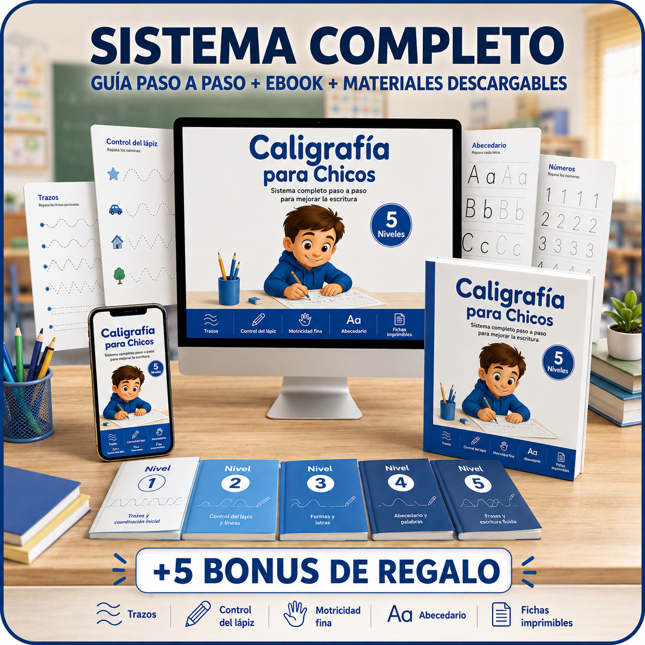 Caligrafía en Casa - Sistema Completo de caligrafía, grafomotricidad y control del lápiz para niños + 5 Bonus de REGALO